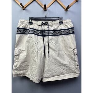 Islander Swim Trunks Mens XL Beige Navy Floral Embroidered Cargo‎ Shorts Pull-on